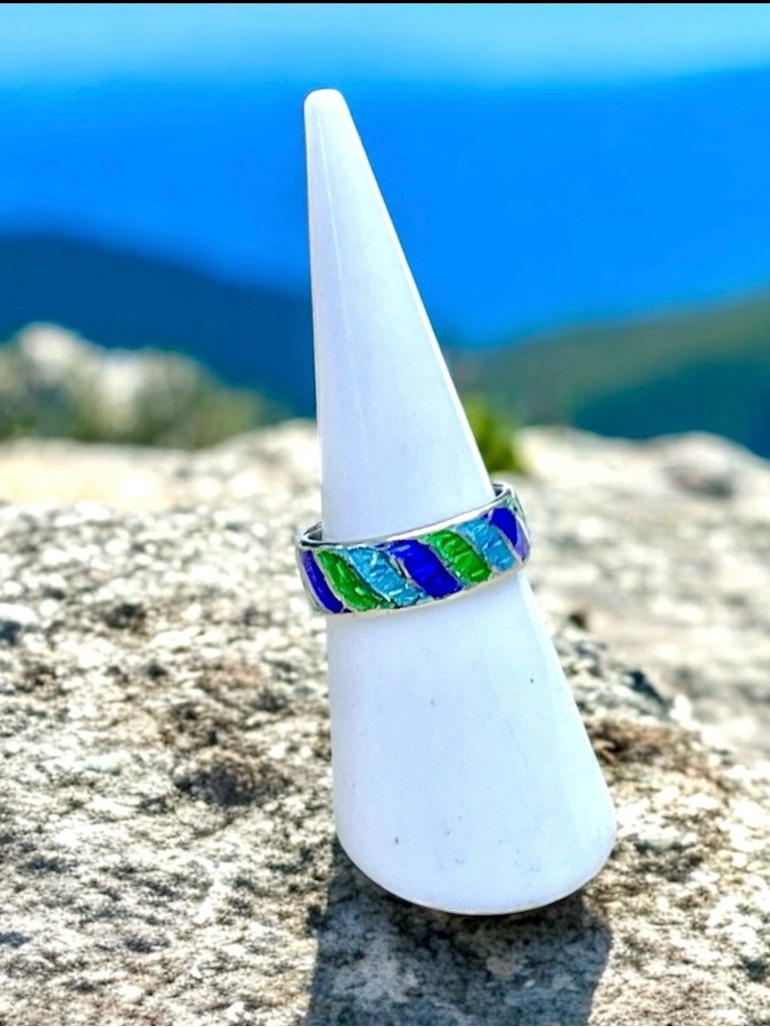Vintage Sterling  Guilloche Enamel Ring